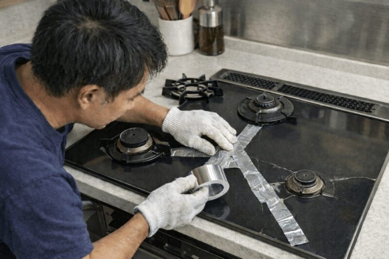 ガラストップ天板　耐熱アルミテープで補修