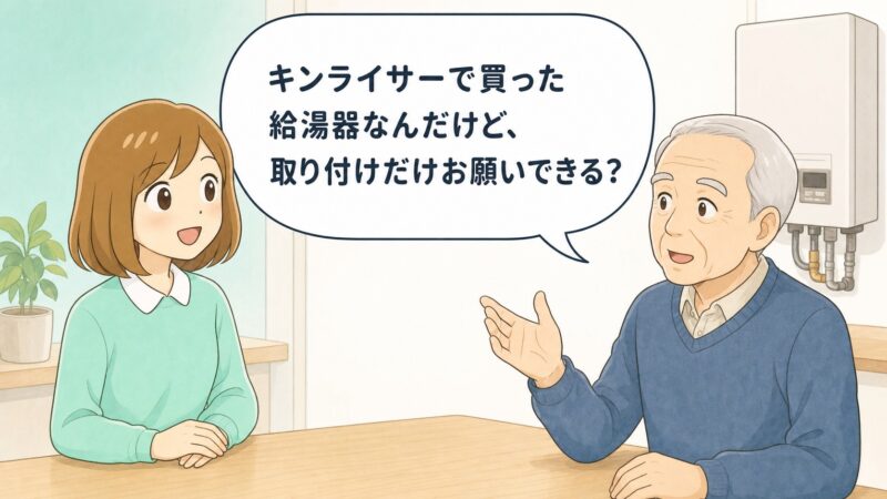 キンライサーで購入した給湯器の取り付けだけを依頼できるか母ちゃんへ相談する高齢男性