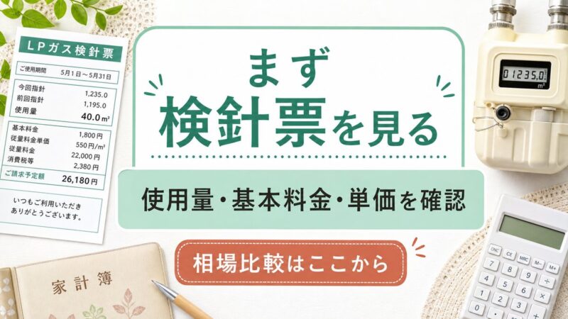 検針票で使用量、基本料金、従量単価を確認し、プロパンガス料金の相場比較を始めることを説明する図解