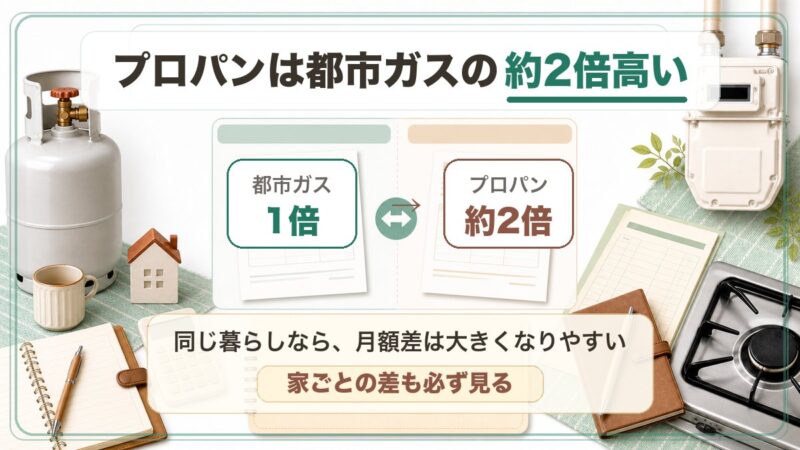 同じ暮らしならプロパンガスは都市ガスの約2倍高いが、家ごとの料金差も確認すべきことを説明する図解