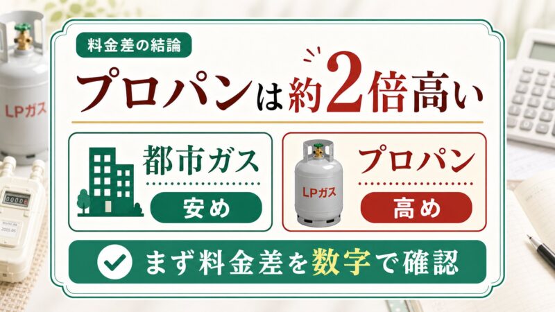 プロパンガスは都市ガスの約2倍高い傾向があり、まず料金差を数字で確認することを説明する図解