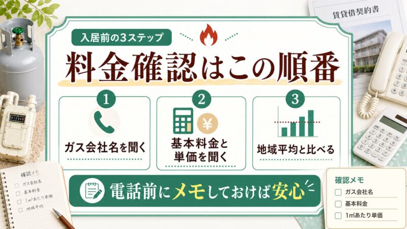 入居前にガス会社名と基本料金と単価を確認し地域平均と比べる3ステップを説明する図解