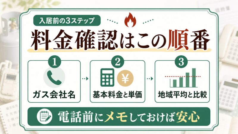 入居前にガス会社名と基本料金と単価を確認し地域平均と比べる3ステップを説明する図解
