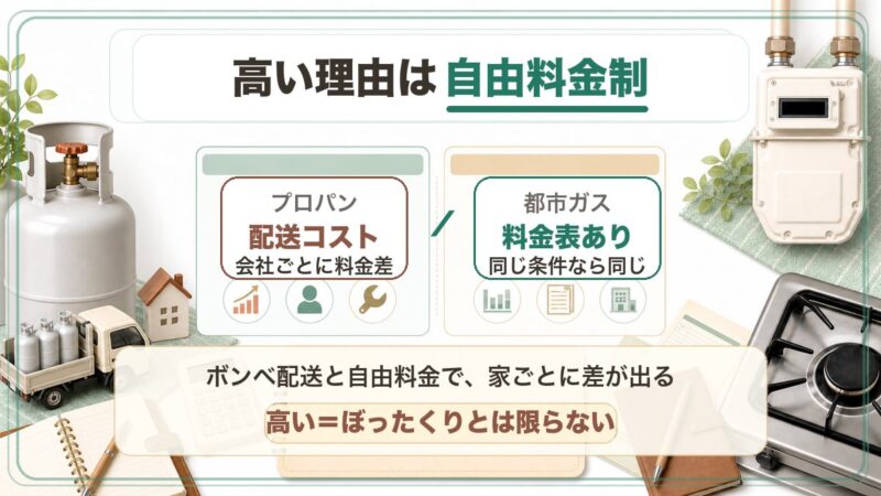 プロパンガスが高くなりやすい理由として、ボンベ配送コストと自由料金制で家ごとに差が出ることを説明する図解