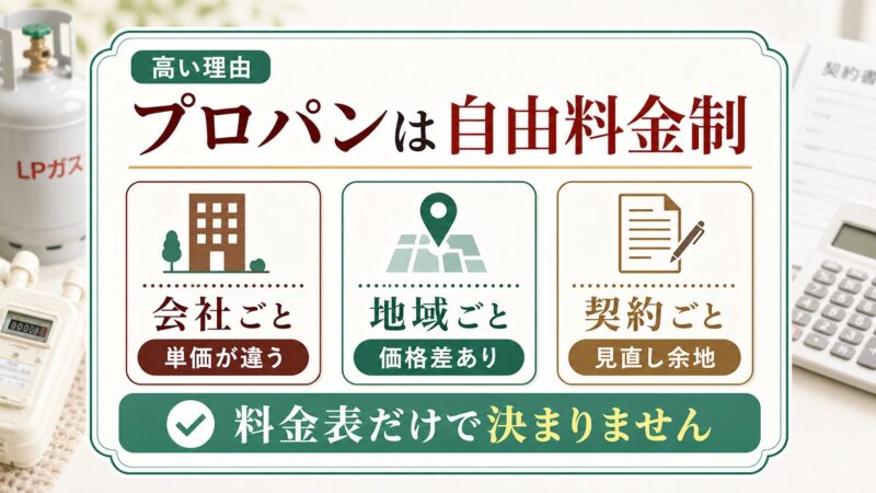 プロパンガスは自由料金制のため会社や地域や契約ごとに単価が違い、料金表だけで決まらないことを説明する図解