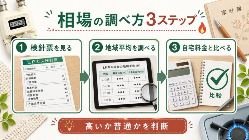 検針票、地域平均、自宅料金を順に比べてプロパンガス代が高いか普通か判断する3ステップの図解