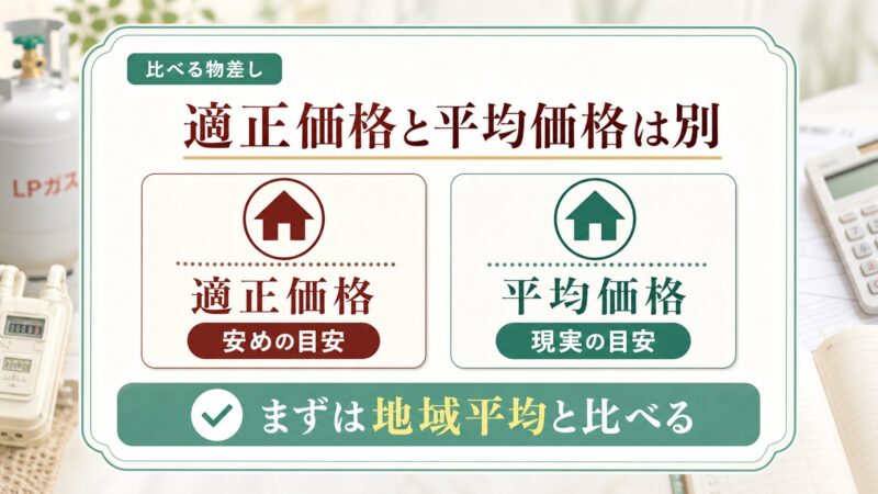 適正価格は安めの目安、平均価格は現実的な物差しとして地域平均と比べることを説明する図解