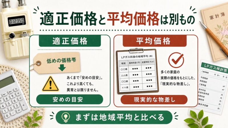 適正価格は安めの目安、平均価格は現実的な物差しとして地域平均と比べることを説明する図解