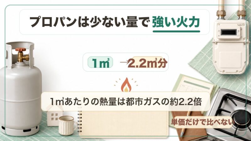 プロパンガスは少ない量で強い火力があり、1立方メートルあたりの熱量が都市ガスの約2.2倍であることを説明する図解