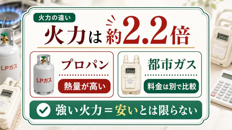 プロパンガスは都市ガスより火力が約2.2倍強いが、火力が強いことと料金が安いことは別であると説明する図解