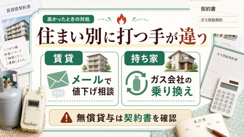 プロパンガス料金が高かったときに賃貸はメール相談、持ち家はガス会社乗り換えを検討することを説明する図解