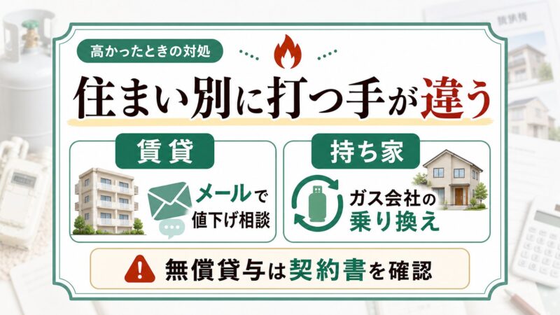 プロパンガス料金が高かったときに賃貸はメール相談、持ち家はガス会社乗り換えを検討することを説明する図解
