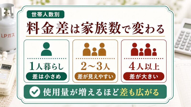 世帯人数や使用量が増えるほどプロパンガスと都市ガスの料金差が広がることを説明する図解