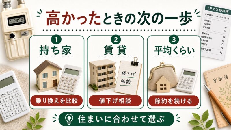 持ち家は乗り換え比較、賃貸は値下げ相談、平均くらいなら節約継続など住まい別の次の一歩を説明する図解