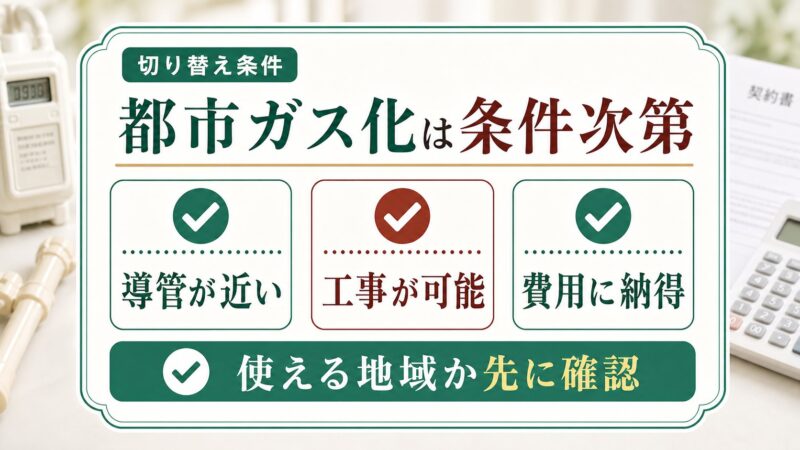 都市ガス化できるかは導管が近いか、工事が可能か、費用に納得できるかなど条件次第であることを説明する図解