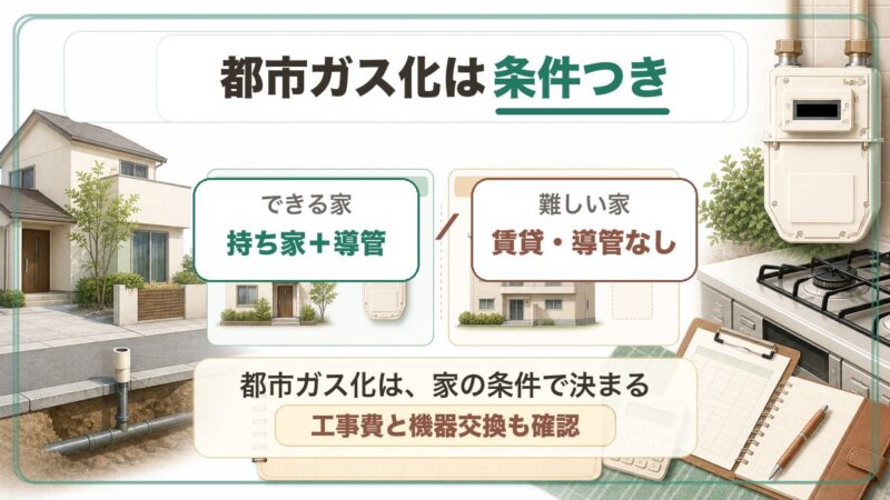 都市ガスに切り替えられるかは持ち家か賃貸か、前の道路に導管があるかなど家の条件で決まることを説明する図解