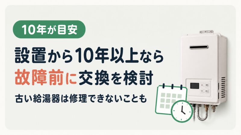 設置から10年以上の給湯器は故障前に交換を検討することを勧める図解