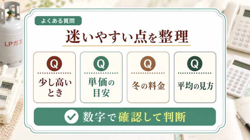 プロパンガス代が少し高い場合や単価の目安、田舎や冬の料金などよくある質問を整理する図解