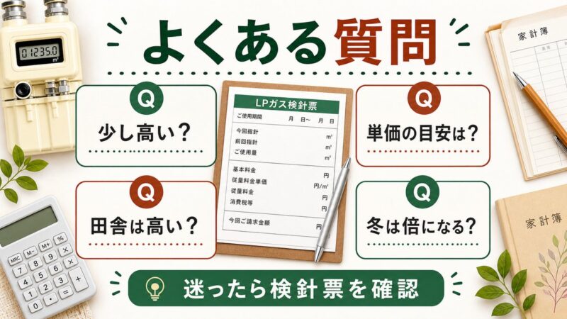 プロパンガス代が少し高い場合や単価の目安、田舎や冬の料金などよくある質問を整理する図解