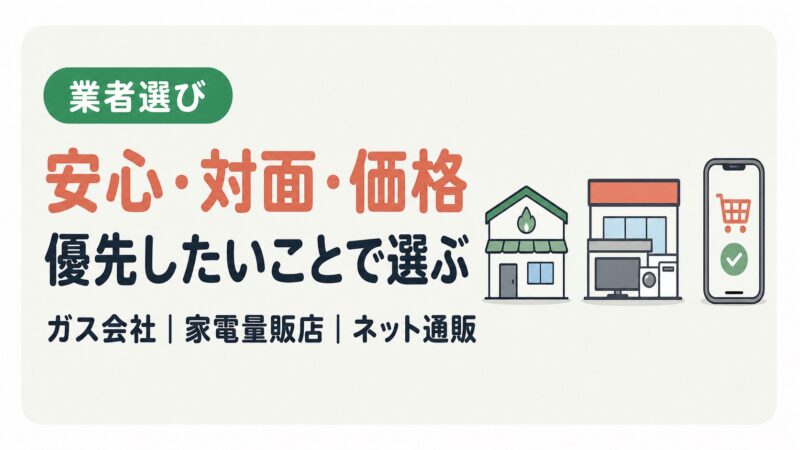 ガス会社、家電量販店、ネット通販を安心・対面・価格で選ぶ図解