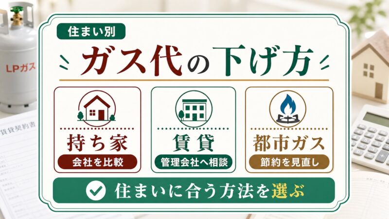 持ち家は会社比較、賃貸は管理会社へ相談、都市ガスは節約見直しなど住まい別にガス代の下げ方を選ぶことを説明する図解