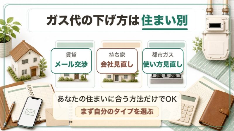 賃貸はメール交渉、持ち家は会社見直し、都市ガスは使い方見直しなど住まい別にガス代の下げ方を選ぶことを説明する図解