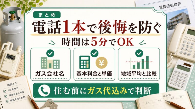 入居前に電話1本でガス会社名や基本料金や単価を確認しガス代込みで判断することを説明する図解