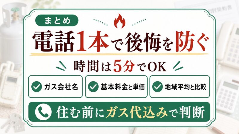 入居前に電話1本でガス会社名や基本料金や単価を確認しガス代込みで判断することを説明する図解