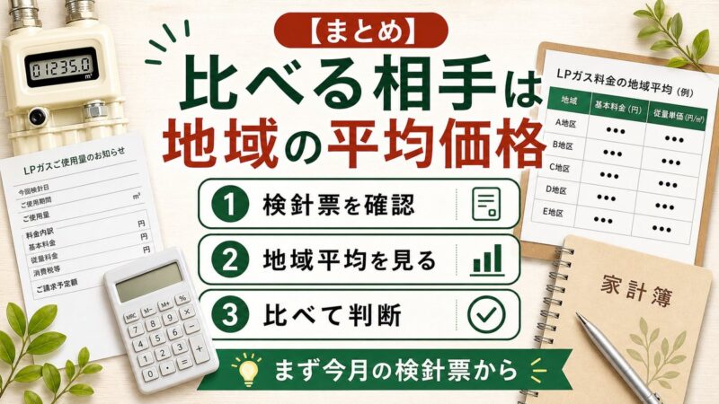 プロパンガス料金は検針票を確認し地域平均を見て比べて判断する流れをまとめた図解