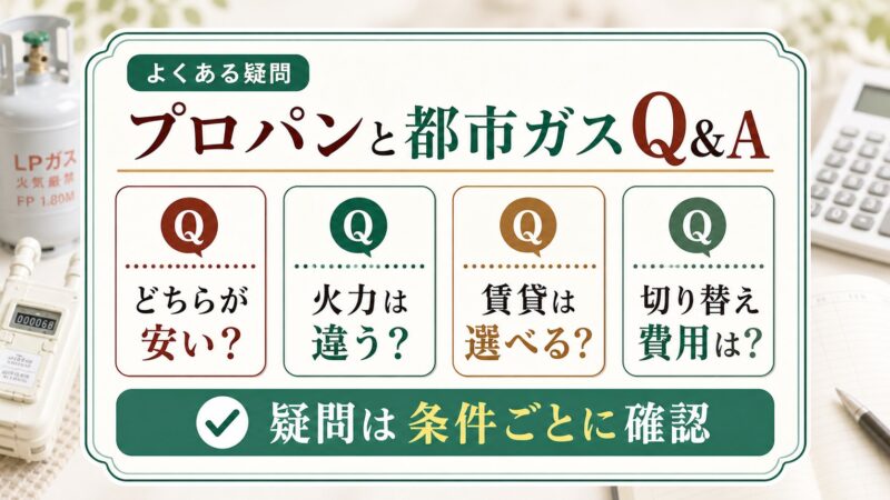 プロパンと都市ガスのどちらが安いか、火力や賃貸で選べるか、切り替え費用などの疑問を整理する図解