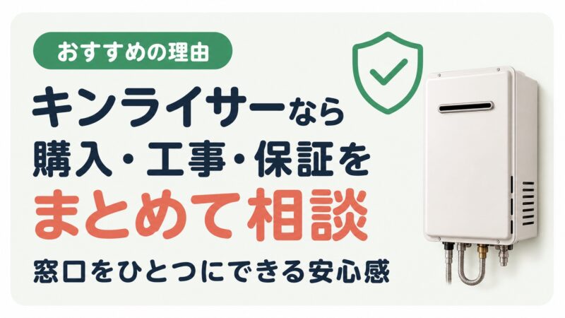 キンライサーなら購入・工事・保証をまとめて相談できることを伝える図解