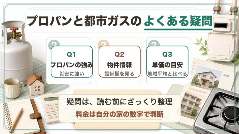 プロパンと都市ガスのよくある疑問として、プロパンの強み、物件情報の見方、単価の目安を整理する図解
