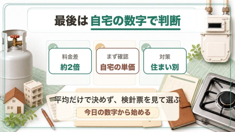ガス代は平均だけで判断せず、検針票で自宅の単価を確認して住まい別に対策を選ぶことを説明する図解