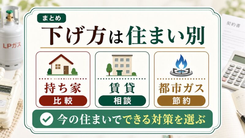 ガス代の下げ方は持ち家、賃貸、都市ガスなど今の住まいに合わせて選ぶことを説明する図解