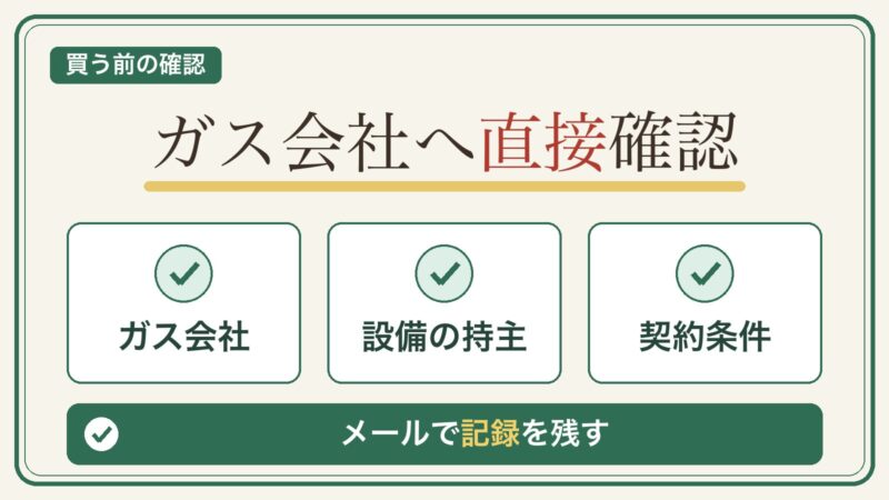 建売や中古住宅を買う前にガス会社・設備の持ち主・契約条件を直接確認し、記録を残すことを示す図解