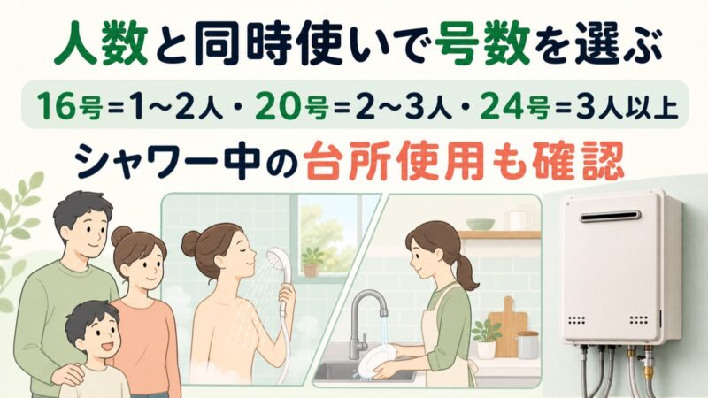世帯人数とお湯の同時使用から給湯器の号数を選ぶ図解