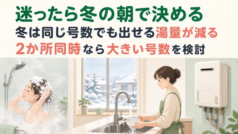 冬の朝のお湯の同時使用を想像して給湯器の号数を選ぶ図解