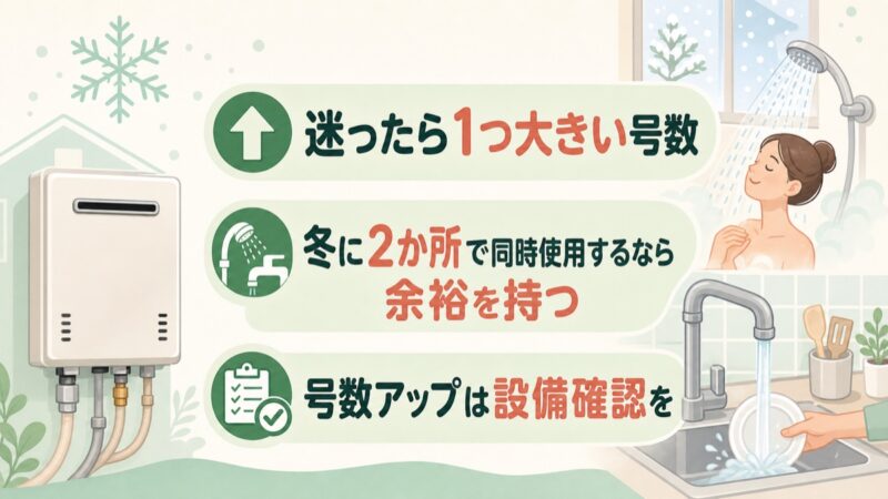 冬の同時使用を考えて迷ったら1つ大きい号数を選ぶ図解