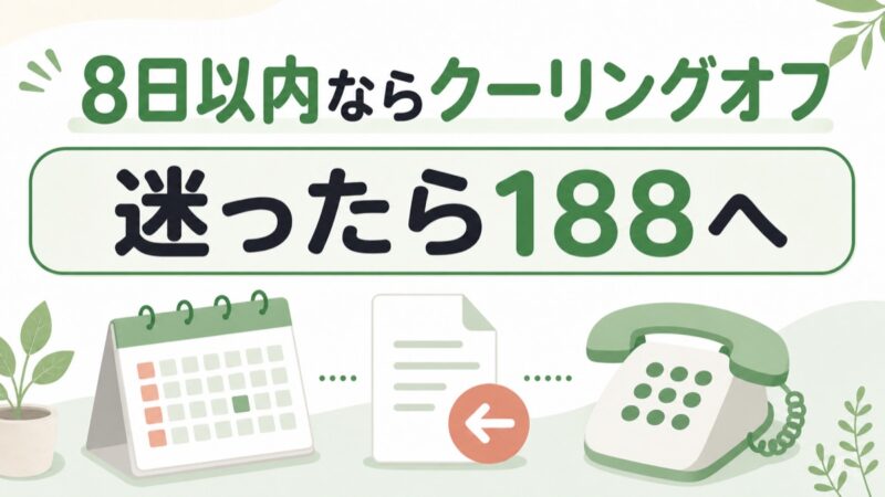給湯器の訪問販売契約で8日以内のクーリングオフと188への相談を案内する図解
