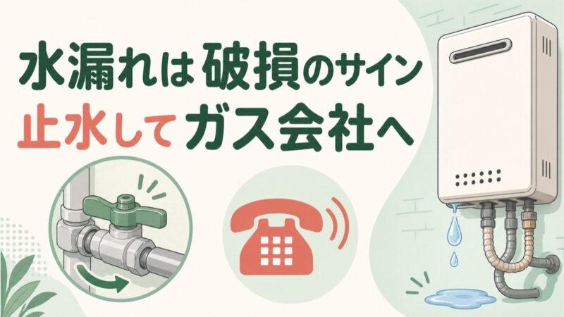 給湯器の水漏れを破損サインとして止水しガス会社へ連絡する図解