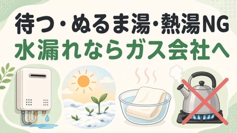 給湯器凍結時の対処を待つ・ぬるま湯・熱湯禁止でまとめた図解