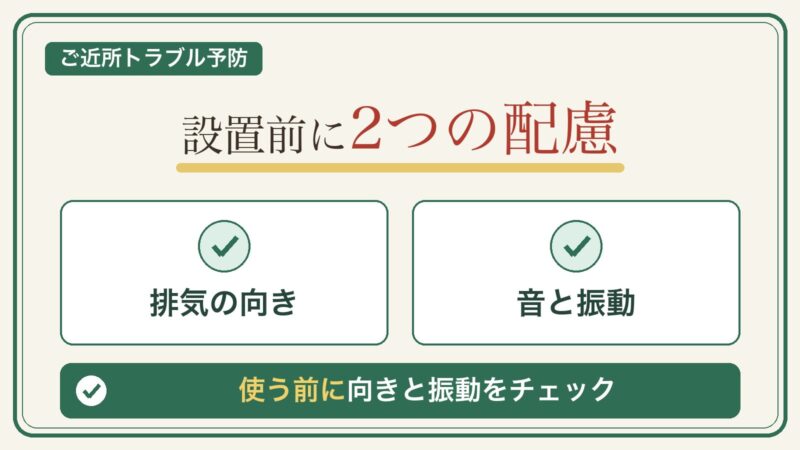 設置前の2つの配慮。排気の向きと、音・振動