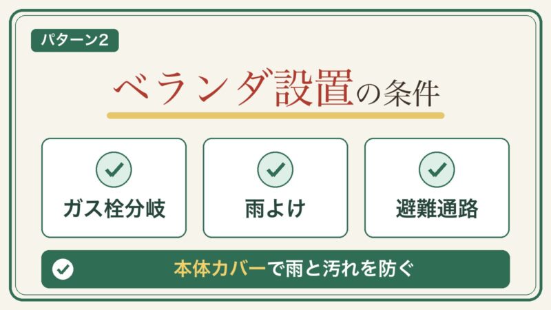 ベランダ設置の条件はガス栓分岐・雨よけ・避難通路。本体カバーで雨と汚れを防ぐ
