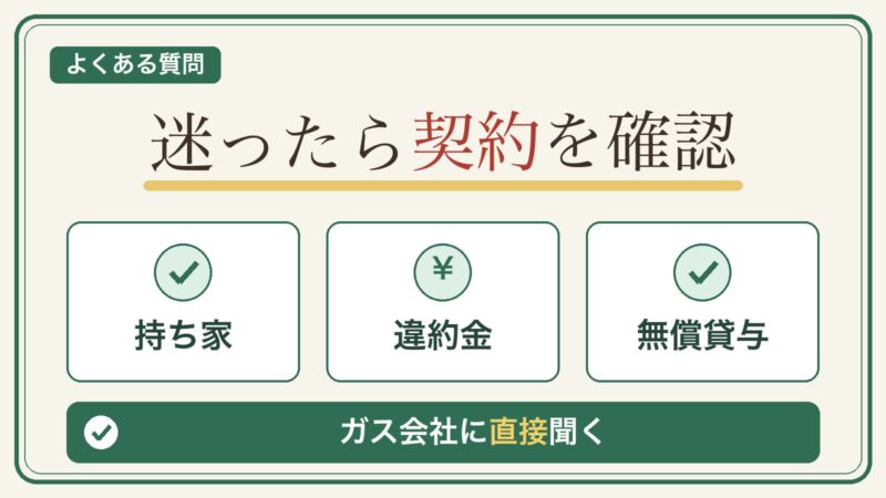 プロパンガス会社の変更で迷ったとき、持ち家か、違約金と無償貸与の契約を確認し、ガス会社へ直接聞くことを示す図解