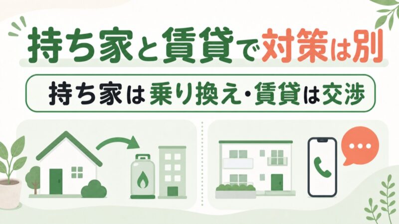 プロパンガス代の対策が持ち家は乗り換え、賃貸は交渉と示す図解