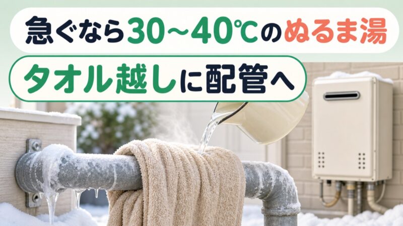 給湯器の配管をタオルと30〜40℃のぬるま湯で解凍する図解