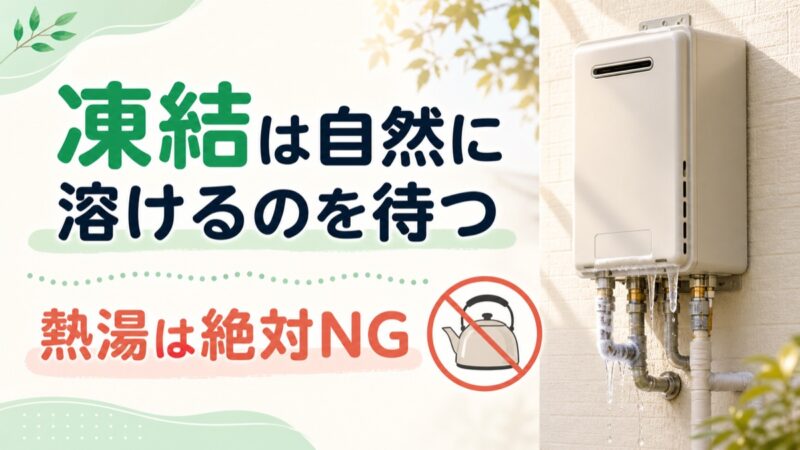 給湯器の凍結は自然解凍を待ち熱湯を使わないよう伝える図解
