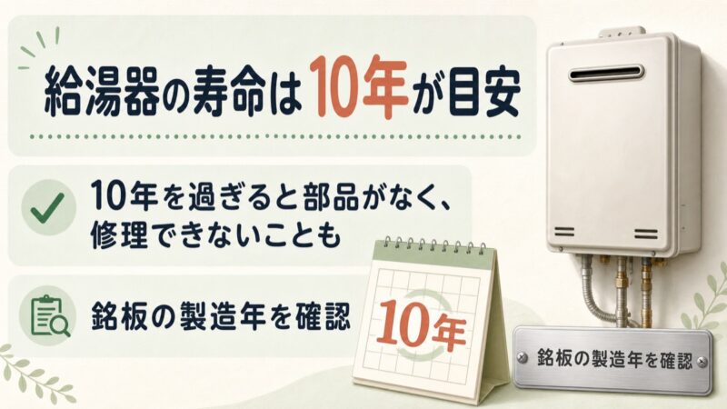 給湯器の寿命は10年が目安で、銘板の製造年を確認する図解